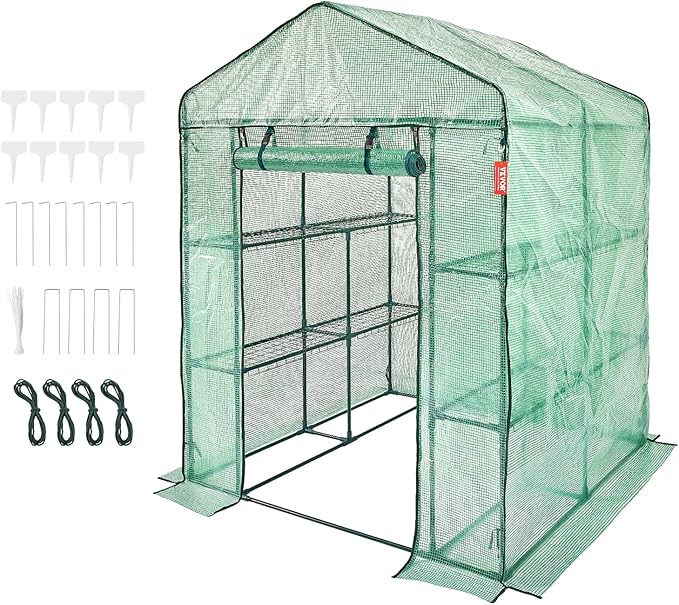 VEVOR Walk-in Green House, 55.5 x 55.5 x 78.7 inch, Portable Greenhouse with Shelves, High Strength PE Cover with Roll-up Zipper Door and Steel Frame, Set Up in Minutes, for Planting and Storage
