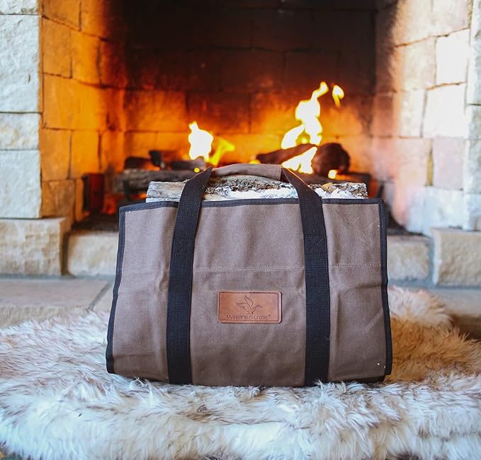 WHITEDUCK TUFF Large Firewood Carrier 21 Oz. Heavy Duty Waxed Canvas Log Carrier Holder for Fireplace, Carrying Wood Indoor & Outdoor (Brown, Rectangle (39"x18"))