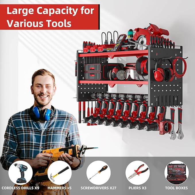 Power Tool Organizer Wall Mount with 9 Drill Holder, Cordless Tool Organizer and Storage Rack, Garage Heavy Duty Metal Shelf Organization for Battery, Tool Box, Hammer, Screwdriver（Red）