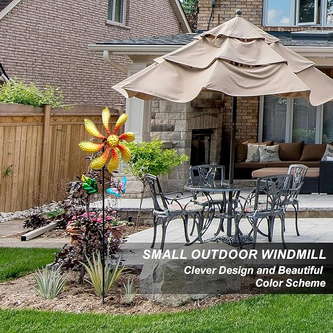 Metal Outdoor Flower Wind Spinner with Yellow Floral & Blue Butterfly, Decorative Kinetic Wind Sculpture for Yard, Garden, Patio, Lawn - Vibrant Garden Art & Lawn Ornament for Outdoor Decor