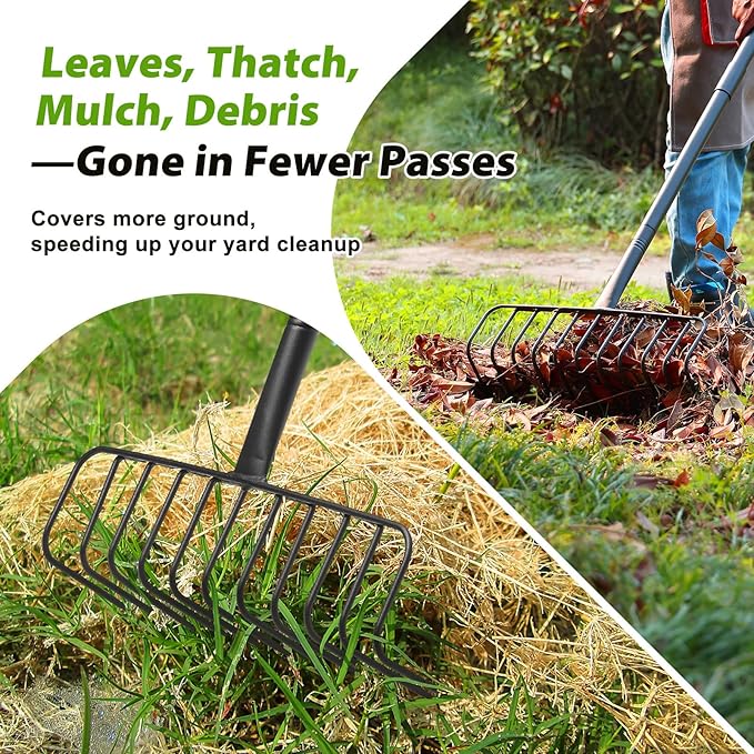 Rake, Heavy Duty Garden Rake with 11 Tines, 51 Inch Handle, 16 Inch Wide, Metal Garden Thatch Leaf Rakes for Raking Gathering Mulch,Metal Bow Rakes for Lawn Yard Bushes Pine Needles Leaves Grass