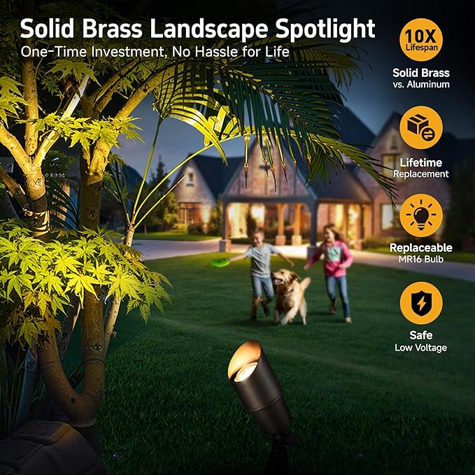 Spot Light Brass - Outdoor Landscape Spotlights 12V, LED Low Voltage Landscaping Uplights, All Weather Hard-Wired Bronze for Backyard Lawn with No Bulbs (8 Pack)