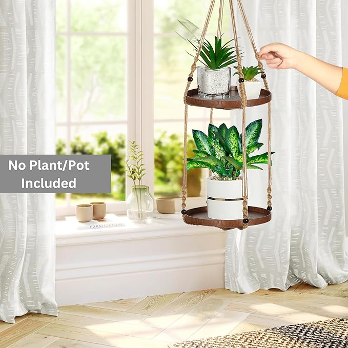 2 Tier Macrame Plant Hanger | Plant Hanger Indoor, Hanging Planter | Hanging Planter Shelf (Jute) (Large, 12" Shelf)
