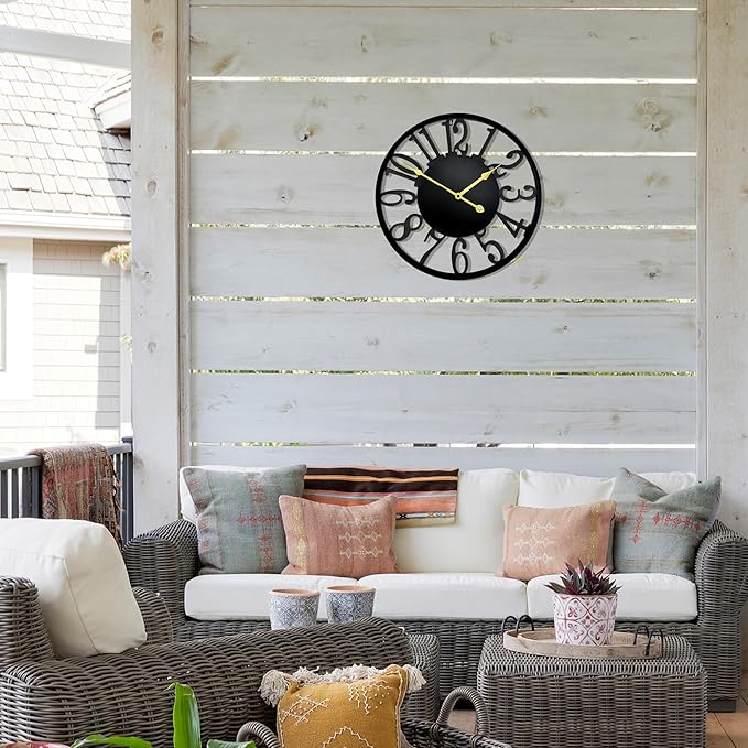 16 Inch Large Outdoor Clock, Silent Battery Operated Modern Wall Clock, Black Metal Decorative Clock for Patio, Porch, Pool Area, Farmhouse, Living Room