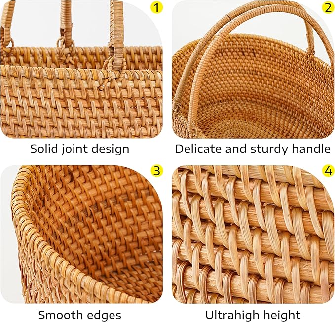 Rattan Picnic Basket with Handles, Oval Wicker Gift Basket for Wedding, Camping(13.8"×10.2"×5.1")