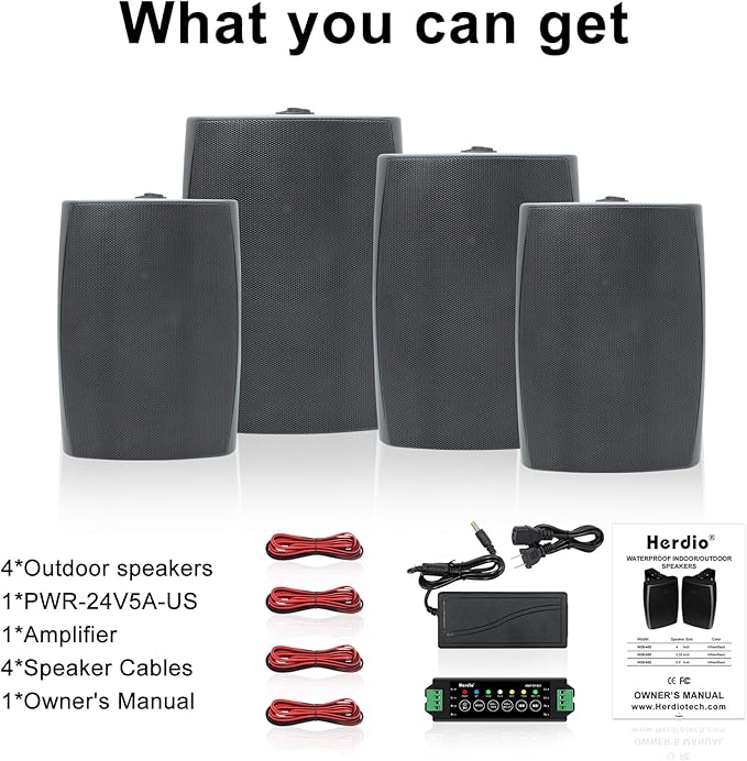 Herdio 6.5 Inch 800W Outdoor Bluetooth Speakers Wired Waterproof with Multifunctional Amplifier, Wall Mount Speaker for Patio Home Poolside Deck Backyard(2 Pairs,Black)