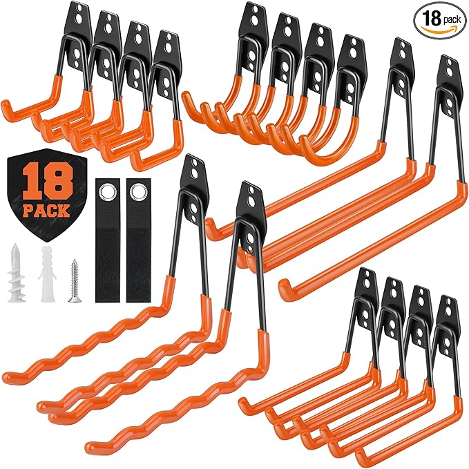 Nacial 18 Pack Garage Hooks Heavy Duty, Utility Steel Garage Storage Hook with 2 Extension Cord Storage Straps, Utility Garage Wall Mount Hooks for Hanging Bike, Ladder and Garden Tools, Orange
