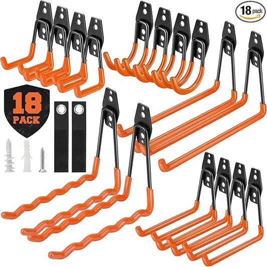Nacial 18 Pack Garage Hooks Heavy Duty, Utility Steel Garage Storage Hook with 2 Extension Cord Storage Straps, Utility Garage Wall Mount Hooks for Hanging Bike, Ladder and Garden Tools, Orange