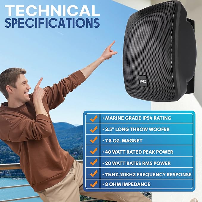 Pyle Outdoor Waterproof Patio Speaker - 3.5" 2-Way Weatherproof Wall/Ceiling Mounted Dual Speaker w/Heavy Duty Grill, w/Transformer Adjuster, Universal Mount, in/Outdoor Use PDWR445TB (Black)