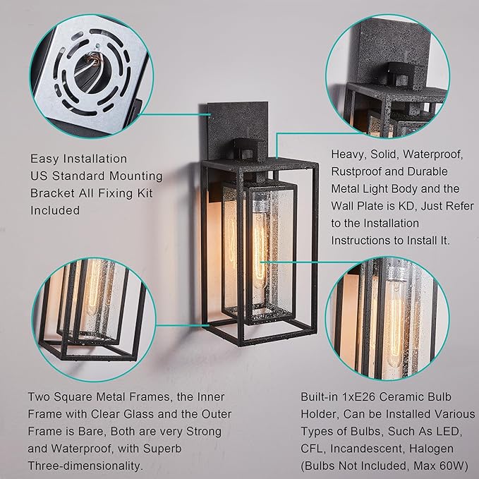 18"Ht Modern Industrial Outdoor Wall Light Fixture with Textured Black Anti-Rust Metal and Clear Glass, Wet Rated for Exterior House Porch Patio Outside Deck Garage Yard Front Door Garden