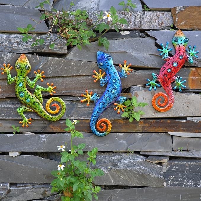 Metal Lizards Outdoor Decor Metal Gecko Wall Decoration Geico Lizard 13.5 * 8.5 Inch 3 Pack Set Suitable for Hanging in Yard Or Fence