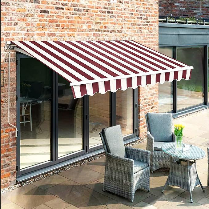 MCombo 11.5x9.5 Feet Manual Retractable Patio Door Window Awning Sunshade Shelter Outdoor Canopy,1210 (Brick Red with Beige Stripes, 11.5'(L) x 9.5'(W))