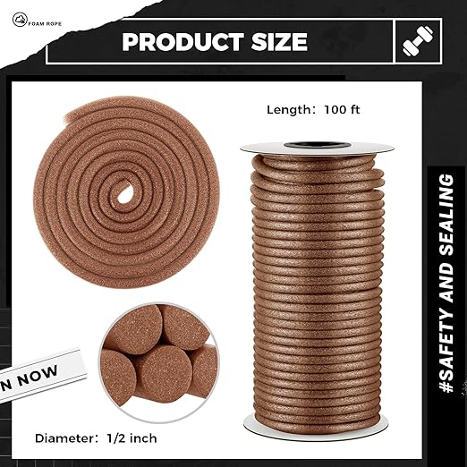 1/2 Inch x 100 ft Foam Backer Rod for Gaps Joints Concrete Crack Filler Caulk Saver Bulk Foam Backing Rod Concrete Filler Rope for Weather Stripping Door Seal (Brown)
