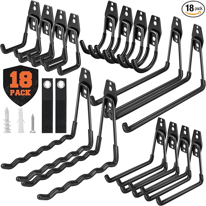 Nacial 18 Pack Garage Hooks Heavy Duty, Utility Steel Garage Storage Hook with 2 Storage Straps, Utility Garage Wall Mount Hooks for Hanging Bike, Ladder and Garden Tools, Perfect for Father Day Gifts