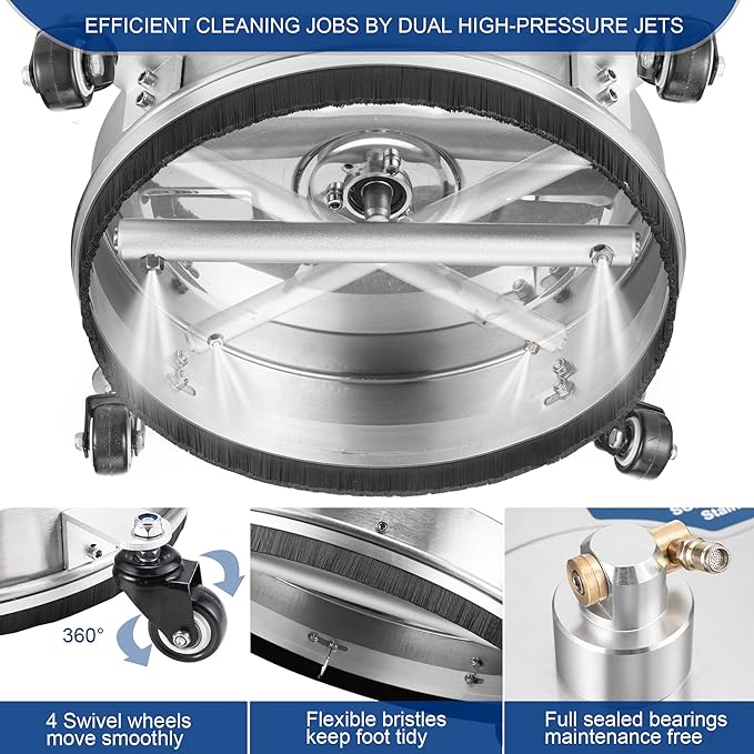 14" Pressure Washer Surface Cleaner with 4 Wheels, 1/4" Quick Connect Plug, Sturdy Stainless Steel Power Washer Attachment for Concrete Driveway, Min Flow Rate 1.8 GPM, Max 4000 PSI (Silver)