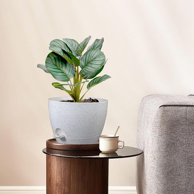 10 inch Self Watering Pots, Planter, Plant Pots with Mesh Drainage Holes for Indoor Outdoor House Plants and Garden, Set of 2 Plastic Flower Pots with Deep Reservoir, Speckled White