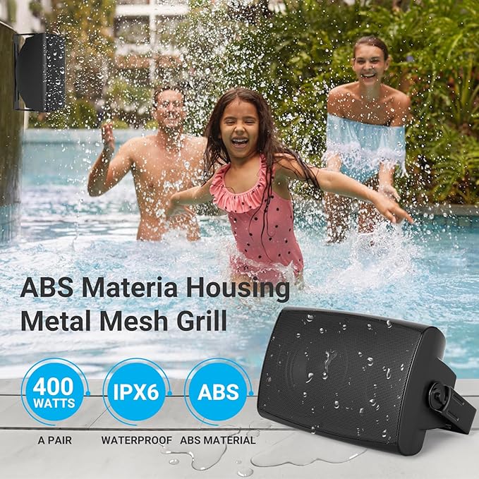 Herdio 400W 6.5 Inch Passive Outdoor Speakers Wired Waterproof,2 Way Wall Mounted Speakers with Powerful Bass for Patio Home Indoor Poolside Deck Backyard (Pair,Black)