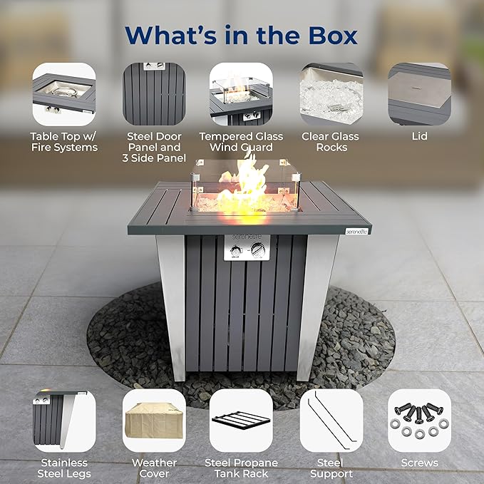 SereneLife Propane Fire Pit Table with Sturdy Metal, Gas Pits with 50,000 BTU and Stainless Steel Fire Pan, Includes Decorative Glass Rocks, Weather Cover, CSA Certified for Outdoor Fireplaces