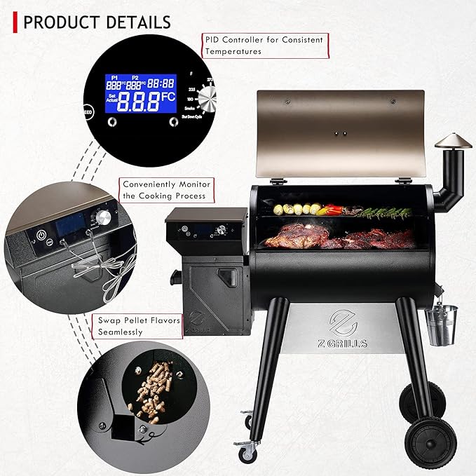 Z GRILLS Upgrade 8 in 1 Wood Pellet Grill & Smoker for Outdoor Cooking, BBQ Grill with PID 2.1 Controller, LCD Screen, 697 sq, Meat Probes, Rain Cover