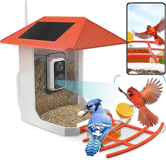 2.5K Smart Bird Feeder with Camera, 5GHz &2.4GHz Birds Watching Camera with AI Identify Bird Species, Outdoor Birds Feeder House with Solar Panel for BirdLovers (Red)