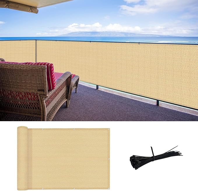 SUNLAX 3'x10' Sand Balcony Privacy Screen Fence Windscreen Cover Fabric Shade Netting Mesh Cloth with Grommets UV Protection for Patio, Backyard, Porch, Railing Shield 90% (We Make Custom Sizes)