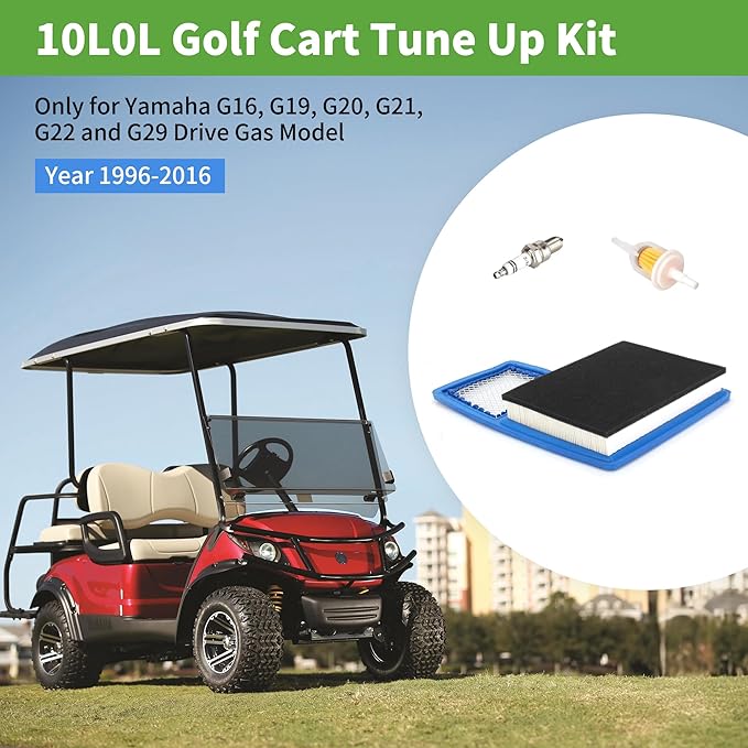 10L0L Golf Cart Tune Up Kit for Yamaha G16 G19 G20 G21 G22 G29 Drive Gas Vehicles 1996-up with 301cc/357cc Engine, Air Filter JN6-E4450-01 JN6-E445E-00, Fuel Filter, Spark Plug