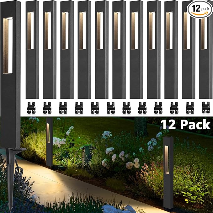 SUNVIE LED Low Voltage Landscape Lights 3W Pathway Lights Low Voltage 12-24V Landscape Path Lights 3000K CRI 90+ Aluminum Waterproof Pathway Lighting for Walkway Garden Yard ETL Listed Cord, 12 Pack
