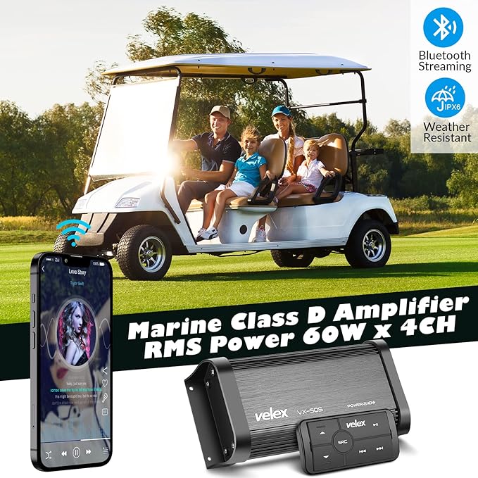 Marine Bluetooth Amplifier Waterproof Class D Amp UTV Amp 4 Channel with Controller for Boat Golf Motorcycle Hidden Installation