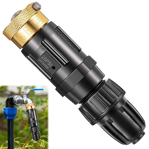 Feekoon 1 Set 25 Psi Drip Irrigation Faucet Adapter Kit 1/2'' Irrigation Tubing to 3/4'' Faucet Water Pressure Regulator Backflow Preventer with Filter, Drip Irrigation System Parts (25 Psi)