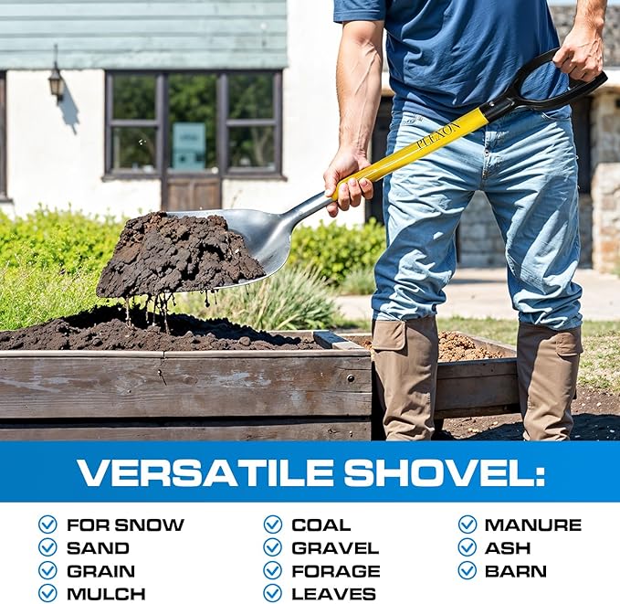 Plexon Metal Scoop Shovel 12" Blade - Aluminium Steel Snow Shovel for Driveway - Heavy Duty Snow Shovel for Car - Fiberglass Handle & Plastic D-Grip - Outdoor Garden Yard, 48" Length