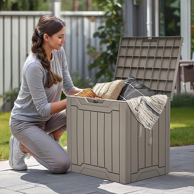 YITAHOME 31 Gallon Resin Deck Box Outdoor Storage Box and Waterproof Package Delivery Box with Lockable Lid forPatio Furniture, Garden Tools, Pool Supplies, Taupe