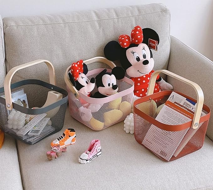 Metal Mesh Steel Basket, Storage Organizer Basket Multi-functional Hanging Kitchen Baskets Fruit Basket Bin with Bamboo Handle for Kitchen Bathroom Picnic Shopping Decor Cabinet Home, Red