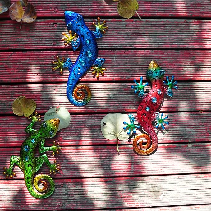 Metal Lizards Outdoor Decor Metal Gecko Wall Decoration Geico Lizard 13.5 * 8.5 Inch 3 Pack Set Suitable for Hanging in Yard Or Fence