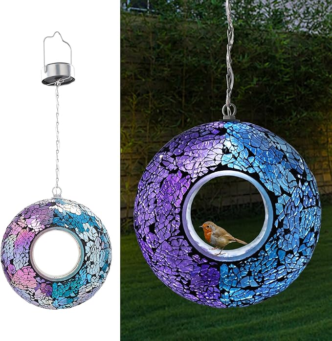 VCUTEKA Mosaic Bird Feeder Solar Fly Through Birdfeeder for Outside Hanging Round Shape Glass Container to Attract More Wild Bird Feeders for Garden Decor as Gift for Bird Lovers, 8-Inch