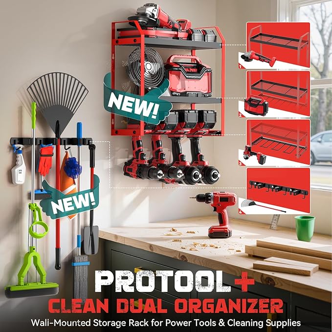 Power Tool Organizer Wall Mount with Broom Holder Combo, Red & Black 3-Tier Garage Storage Rack with Battery Storage, 4 Drill Holder Slots, Heavy Duty Steel 150LB Capacity