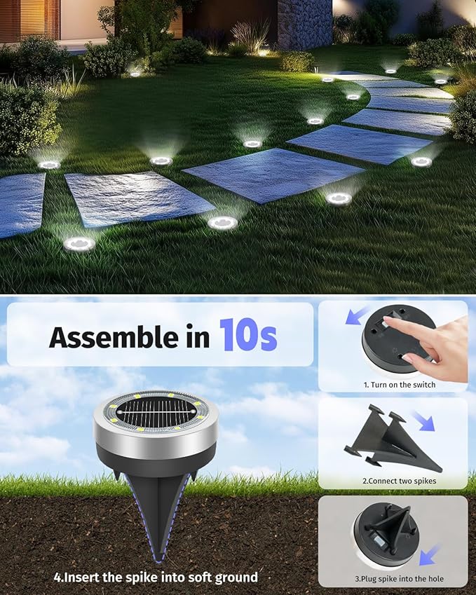 Mini Solar Ground Lights 2 Pack Outdoor IP65 Waterproof Solar Flat Garden Light Solor Powered Disc Pathway Lights for Outside Walkway Yard Landscape Patio Lawn Driveway-Cool White