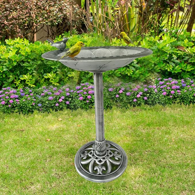 Outdoor Garden Bird Bath - Silver - Weather Resistant Polyresin - 30 Inch - Backyard Expressions