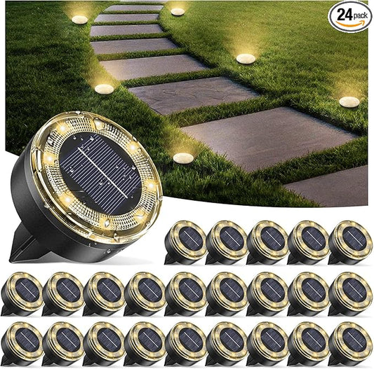 Mini Solar Ground Lights, 24 Pack Solar Lights Outdoor Waterproof, Upgraded LED Flat Landscape Lighting for Outside Pathway Garden Patio Yard Driveway,Warm White