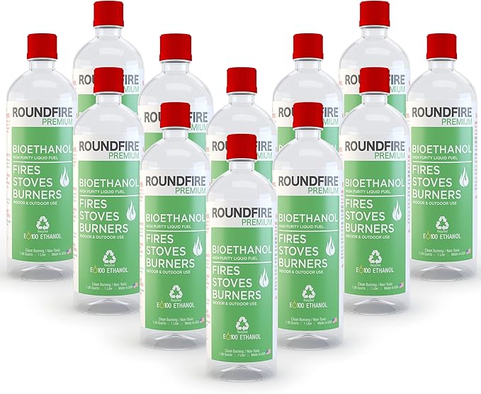 ROUNDFIRE Premium 12 x 1 Liter - Bioethanol Fuel for fireplaces, Stoves and Burners (12 Quart)