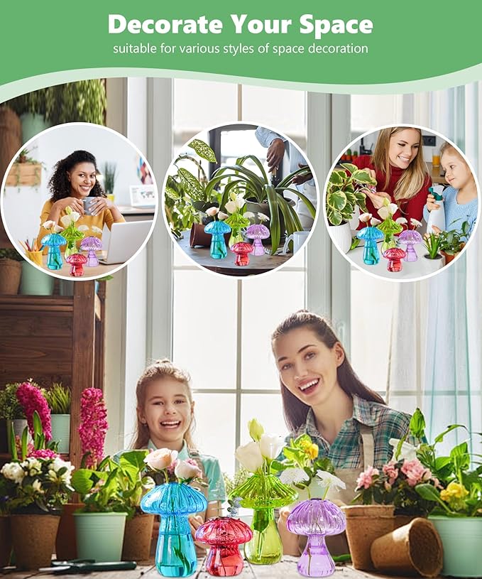 Nacome Mushroom Glass Propagation Station for Plants: Set of 4 Colored Vases Terrarium Kit for Home Office Indoor Hydroponics Decor - Birthday Gifts for Women Mom Grandma