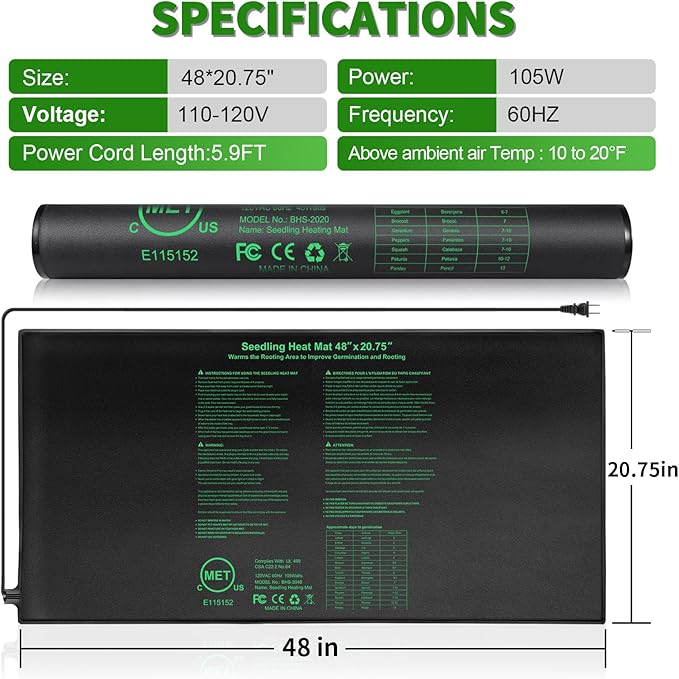 Seedling Heat Mat 48"x20.75", UL & MET-Certified Waterproof Plant Heating Pad for Germination, Hydroponics, Brewing, Breeding, and Greenhouses
