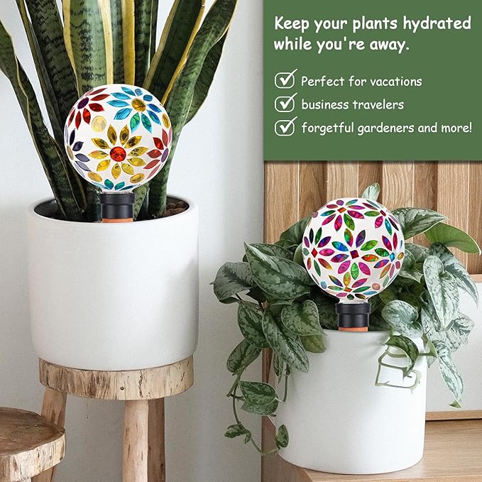 Terracotta Watering Spikes Mosaic Watering Globes for Outdoor Plants 2 Pack Automatic Plant Waterer Watering Devices Water Bulbs