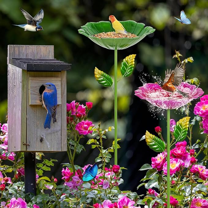 2 Pack Bird Bath for Outside, 31.3" H Metal Birdbaths, 10.63" Dia Garden Flower Bird Water Bowl, Freestanding Hummingbird Bath for Outdoors Garden Patio Yard Decor (Red,Green)
