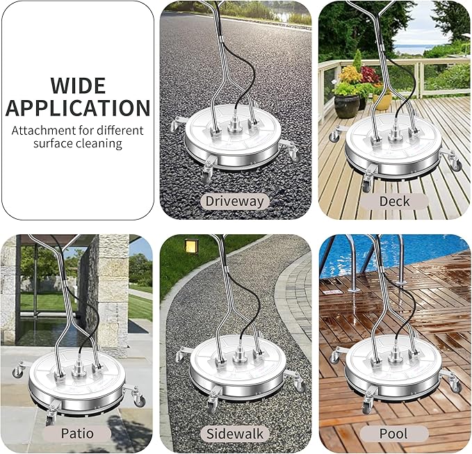 24" Pressure Washer Surface Cleaner with 4 Wheels - Stainless Steel Dual Handle Surface Cleaner for Pressure Washer Attachment for Concrete, Patio, Sidewalk, Deck and Driveways - PWS 24