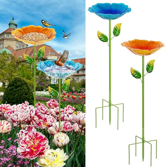 2 Pack Bird Bath for Outside, 31.3" H Metal Birdbaths, 10.63" Dia Garden Flower Bird Water Bowl, Freestanding Hummingbird Bath for Outdoors Garden Patio Yard Decor (Blue,Yellow)