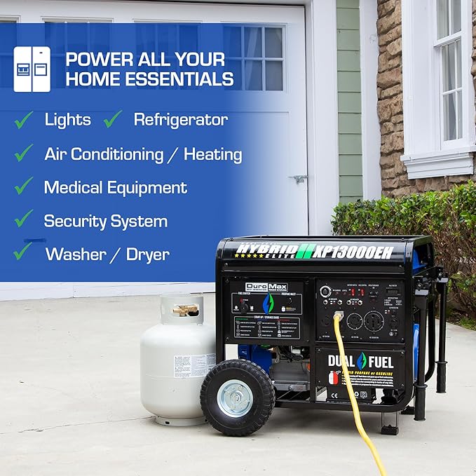 DuroMax XP13000EH 13,000-Watt Dual Fuel Portable Generator - Gas & Propane, Electric Start, Whole Home Backup Power, Transfer Switch Ready, RV & Emergency Ready