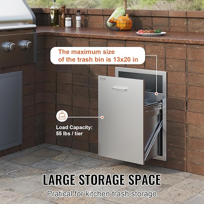VEVOR Pull Out Trash Drawer 17.7x22.8 Inch Raised Style Trash Bin with Pull-Out Tray Stainless Steel Trash Drawer with Handle for Outdoor Kitchen BBQ Island, Trash Can NOT Included