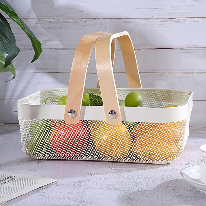 Metal Mesh Steel Basket, Storage Organizer Basket Garden Harvest Basket Multi-functional Kitchen Fruit Baskets Bin with Wooden Handle for Bathroom Picnic Shopping Decor Cabinet Home, White