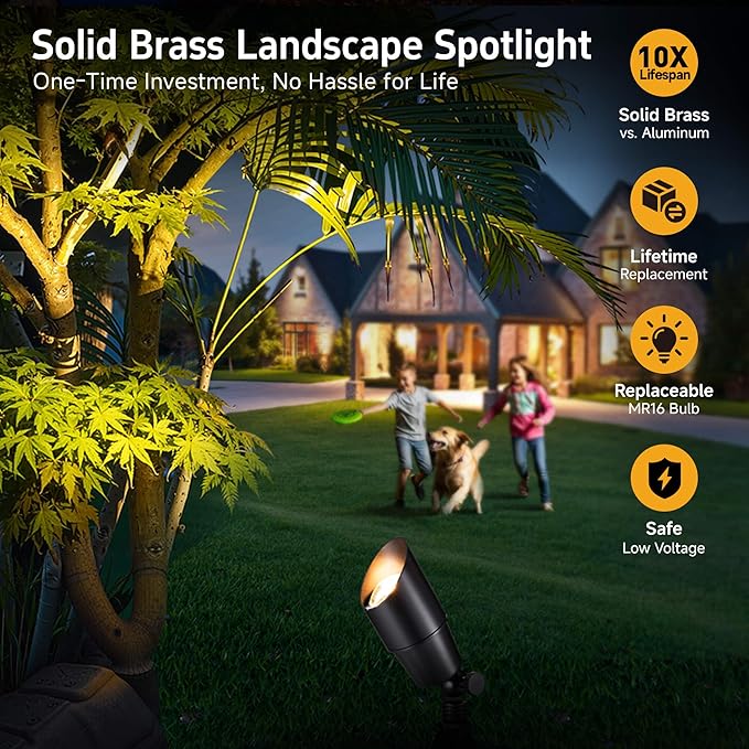 Spot Light Brass - Outdoor Landscape Spotlights 12V, LED Low Voltage Landscaping Uplights, All Weather Hard-Wired Black for Backyard Lawn with Warm White Changeable Bulbs (8 Pack)