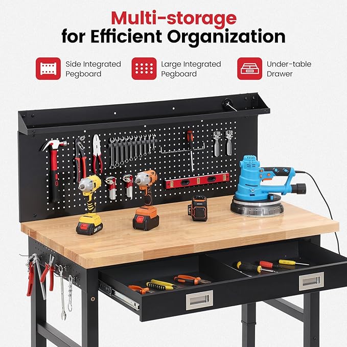 Work Bench for Garage 48 Inch Heavy Duty Rubberwood Tabletop Workbench with Wheels, Pegboard, Drawers, Power Outlets Adjustable Height Work Table for Home, Office, Workshop